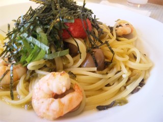 エビと高菜たっぷりの明太子スパゲティー