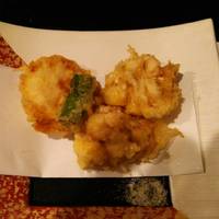 ホタテと白子とアスパラを抹茶塩で