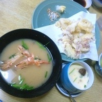 ゲソの天ぷらエビの味噌汁茶碗蒸し