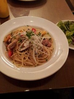 グリルチキンと季節野菜のスパゲッティ　柚子胡椒風味