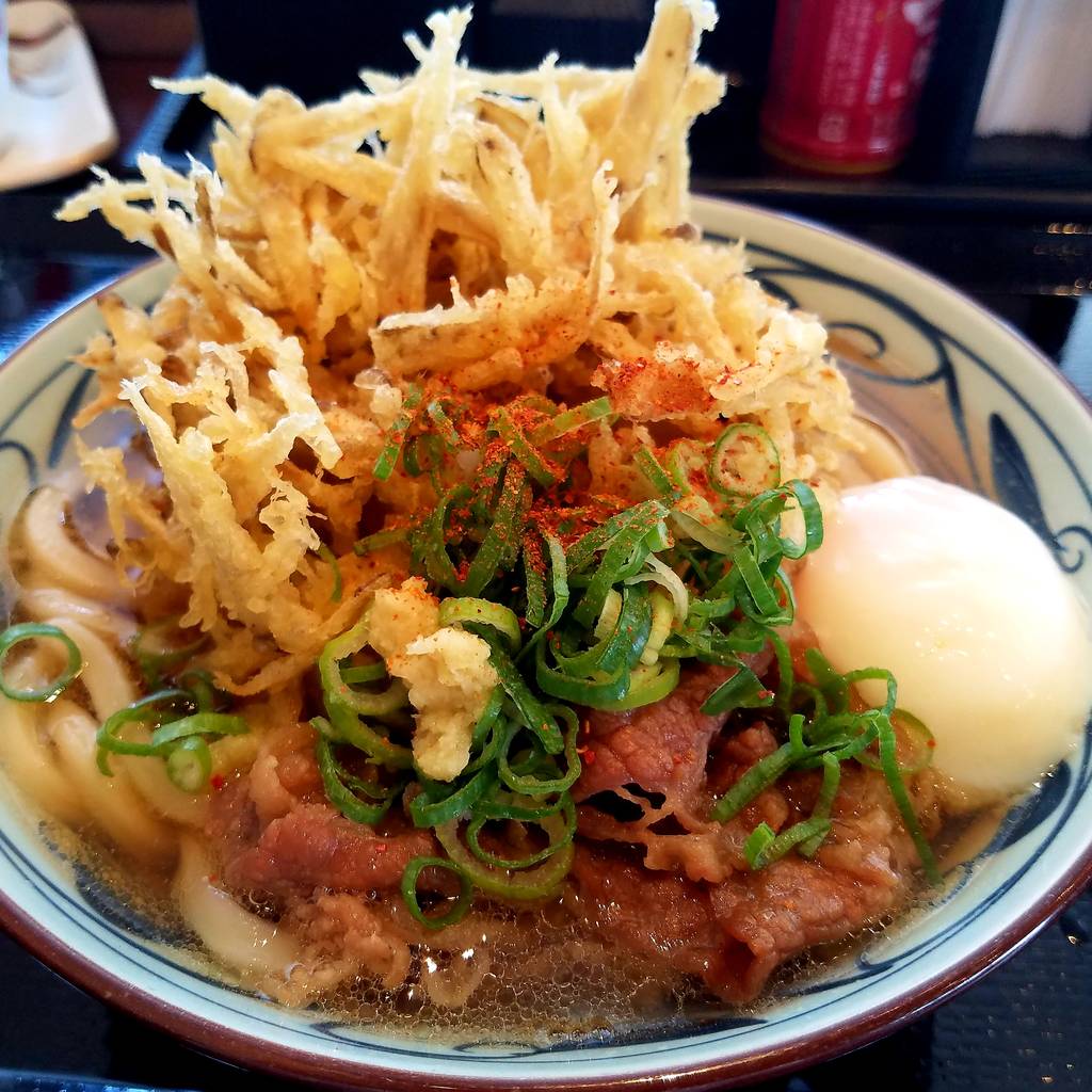 肉のせごぼうかき揚げうどん